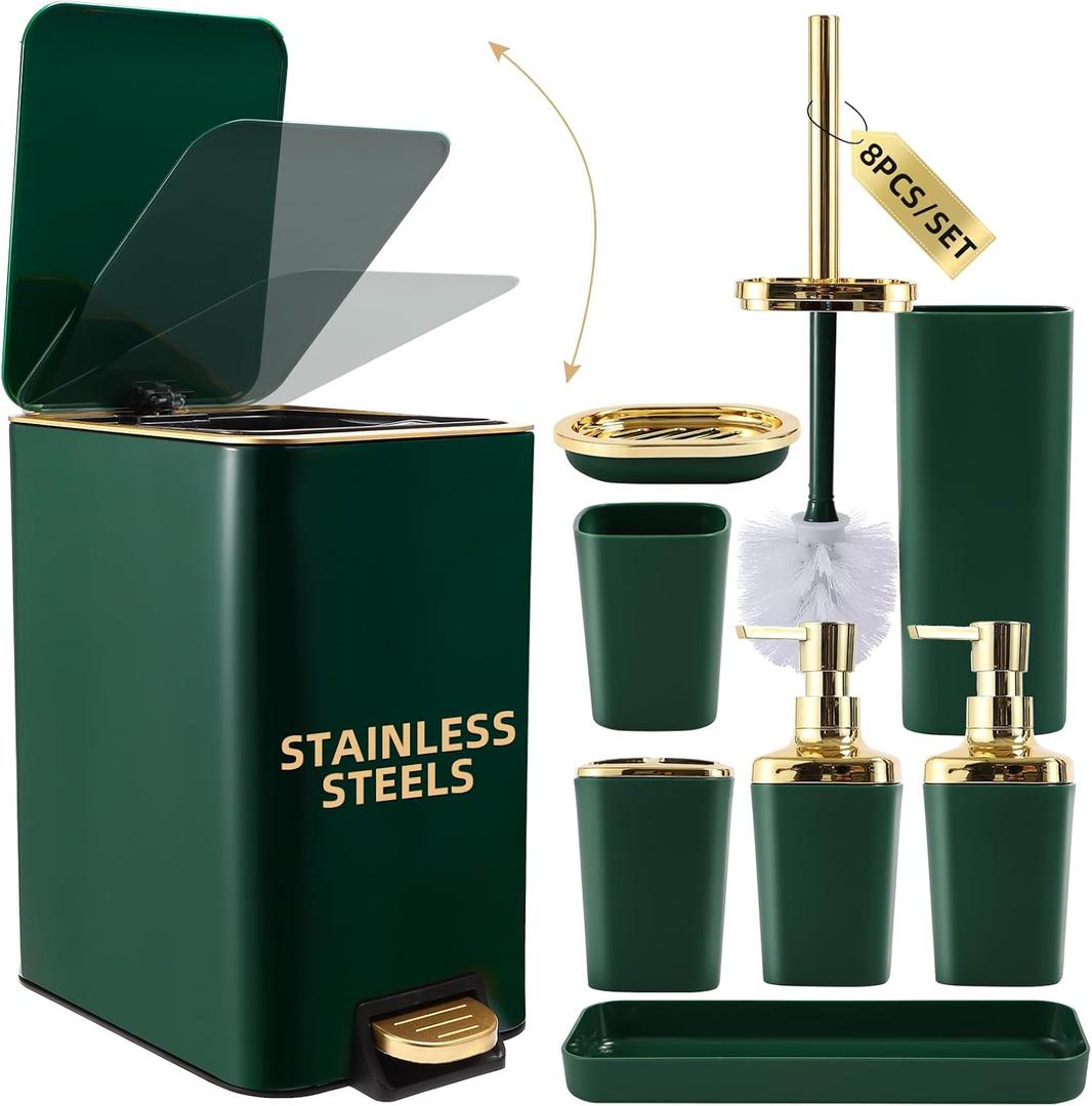 XLHOMO Bathroom Set Bathroom Accessories Set 8 Piece Green and Gold Bathroom Set, Bathroom Sets with Stainless Steel Trash Can,Toilet Brush,Toothbrush Set,Soap Dispenser