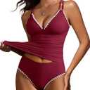ANRABESS Womens Tankini Set Two Piece Swimsuit Tummy Control V Neck Top Bathing Suit High Waisted Color Block Swimwear 2026 (Large, Deep Red)
