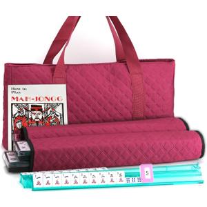 Mose Cafolo American Mahjong Game Set - Red (Burgundy) Quilted Soft Bag - 166 White Engraved Tiles, 4 All-in-One Rack/Pushers Complete Western Mah-Jongg, Maj Jongg, Ma Jong Set