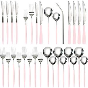 Astercook Silverware Set with Steak Knives 24-Piece Flatware Set for 4 Food-Grade Stainless Steel Pink Cutlery Set Mirror Polished Utensils Set Include Spoons and Forks for Home Kitchen Restaurant