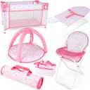 deAO Baby Doll Accessories12-14 Doll Playset with High Chair Crib Bed Play Mat Storage Bag Handbag - 6 in 1 Pink Dolls Playset with Furniture Gifts for Girls
