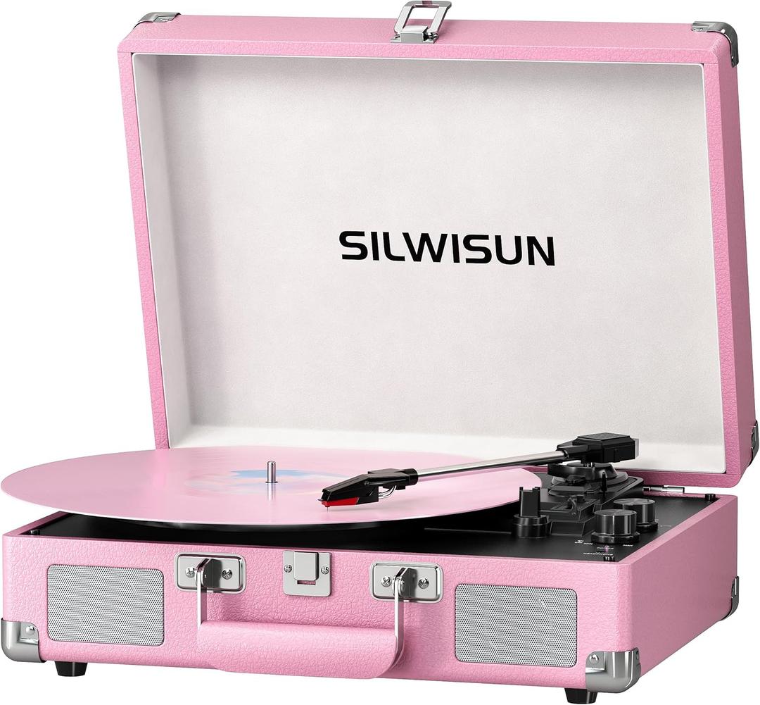 Silwisun Vinyl Record Player with Speakers Vintage Bluetooth Turntable, Battery Powered Portable Pink Vinyl Player, Retro Suitcase Phonograph, 3-Speed Lp Player RCA Out AUX in Headphone Jack (Pink Silvery)