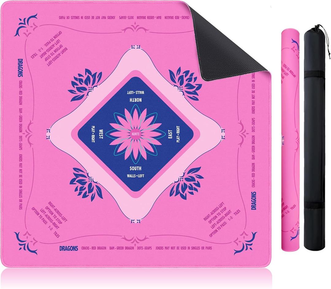 KUNTE Mahjong Mat for Table, Pink, 32x32 Inch | American Mahjong Mat with Printed Rules, Non-Slip, Quiet and Foldable, Includes Portable Tote Bag