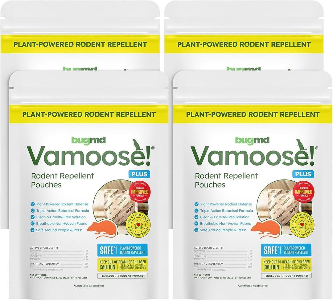 BugMD Vamoose Plus Peppermint Oil Mouse Repellent Pouches | Natural Mice Repellent Indoor & Rat Deterrent for House, Garage, RV, Car & Storage | Plant-Powered Rodent Control - 4 Pack - 16 Pouches BugMD Vamoose Plus Peppermint Oil Mouse Repellent Pouches | Natural Mice Repellent Indoor & Rat Deterrent for House, Garage, RV, Car & Storage | Plant-Powered Rodent Control - 4 Pack - 16 Pouches