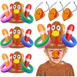 3 Pack Thanksgiving Ring Toss Games Toys for Kids Thanksgiving Inflatable Turkey Hat Toss Games Thanksgiving Family School Party Favors Supplies Indoor Outdoor Party Game(3 Turkey Hats, 12 Rings)