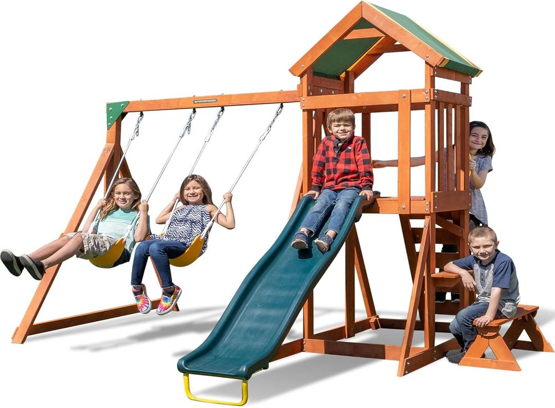 Sportspower Scottsdale Wood Swing Set: 2 Adjustable Swings, Sandbox, Rock Climber, Covered Deck, 1 Slide - Exceeds ASTM Safety Standards
