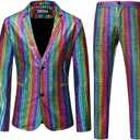 ZEROYAA Men's Metallic Shiny Suits Disco Sequin Blazer and Pants 2 Piece Sets for Party Prom (Small, Multicolor)