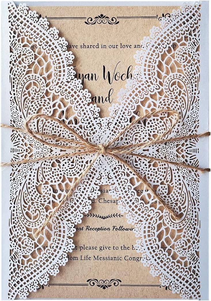 20Pcs 5.12" x 7.28" Rustic Laser Cut Vintage Lace Wedding Invitations Kit Blank Kraft Wedding Invitation Cards with Hemp Rope Envelopes for Wedding Birthday Anniversary Invite