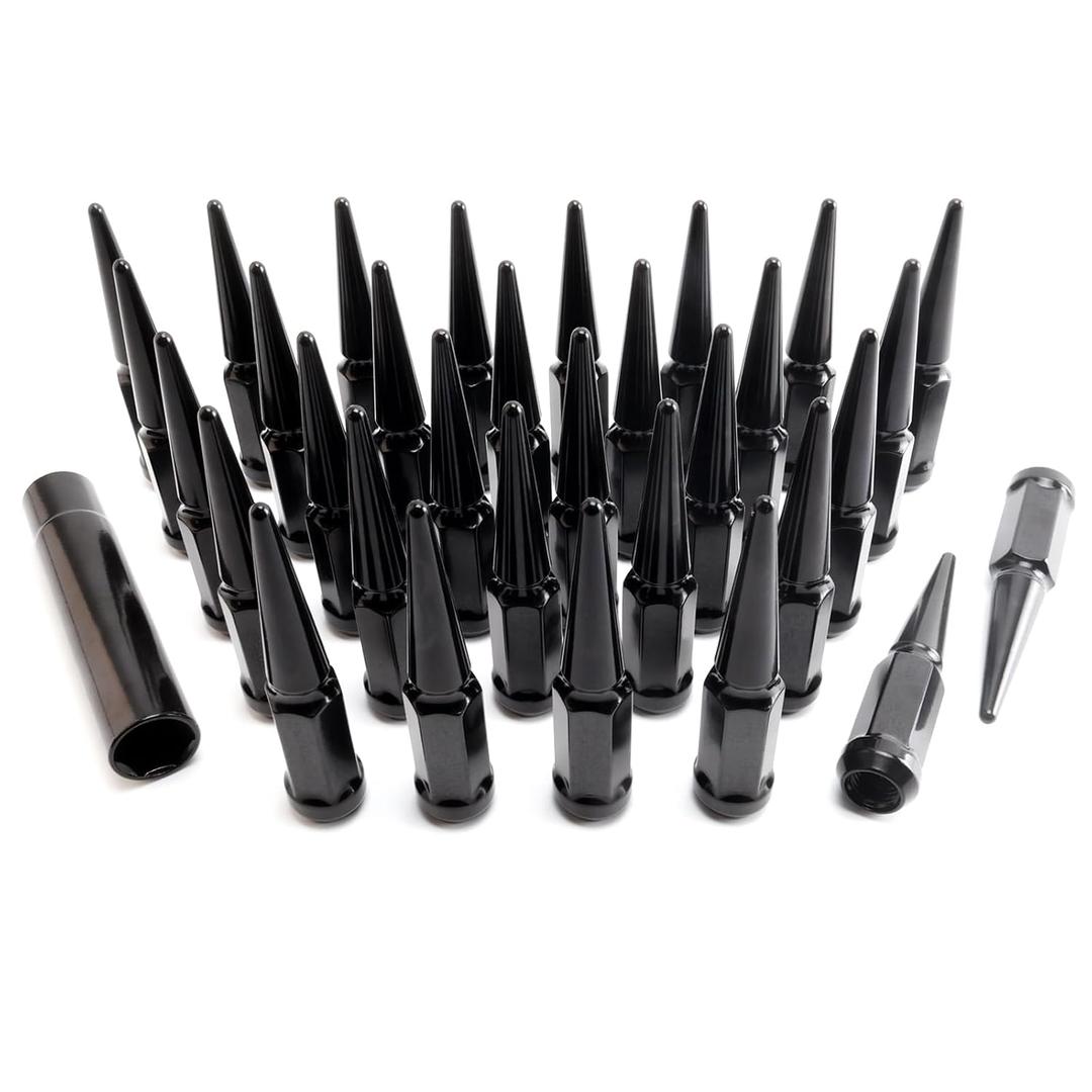 32PCS 9/16-18 Wheel Spike Lug Nuts, Black Spiked Lug Nuts 9/16-18 Solid 4.4" Tall Acorn Lug Nut with 1 Socket Key Replacement for Dakota, Durango, Ram 1500, Ram 2500 3500, Chassis cab, Aspen