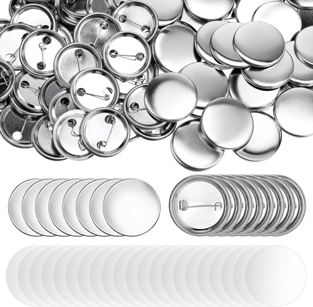 200 Sets Blank Button Making Supplies 37mm/ 1.46 inch Metal Round Badge Button Pin Parts Kit Metal Shells Metal Back Cover and Clear Film DIY Button Making Kit for Button Maker Machine