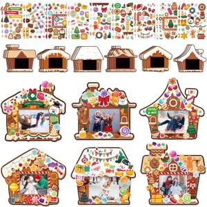 CIEOVO 24 Pack Christmas Picture Frame Ornaments, Xmas Craft Gingerbread Candy Photo Frame Hanging Ornaments and Christmas Stickers for Tree Craft Holiday Art Home Class Party Decorations