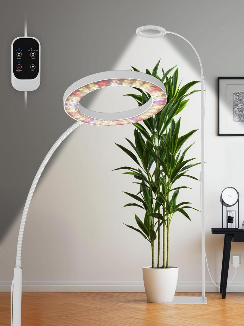 GLOWRIUM Grow Lights for Indoor Plants, Full Spectrum LED Grow Light, Stepless Dimming,3 Lighting Mode and Adjustable Height, Plant Light with 3/9/12/16H Timer (White, 24W)