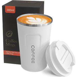 YINBAOGE Insulated Travel Coffee Mug, Spill & Leak Proof, Portable To Go Camping Stainless Steel Coffee Tumbler, Reusable Thermal Coffee Cup with Lid for Hot & Cold Drinks (2nd-White, 12 OZ)