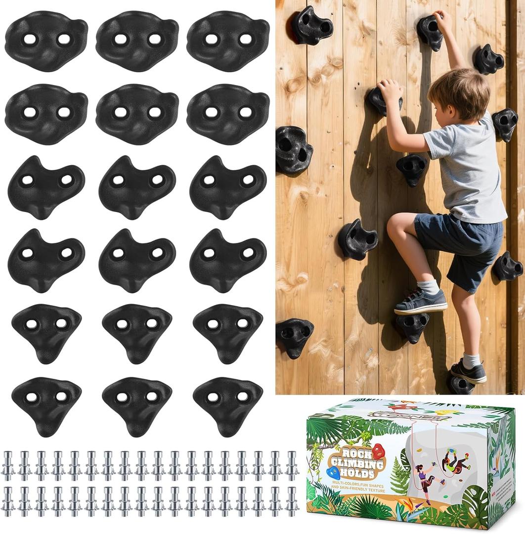 18PCS Climbing Holds for Kids,Large Climbing Holds for Play Set, Rock Wall Climbing Kit with Hardware for Indoor and Outdoor Climbing, Swingset - Adult Rock Wall Holds with Mounting Hardware (Black)
