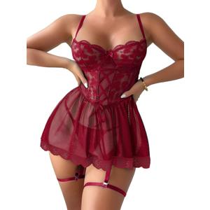 Lilosy Sexy Garter Belt Mesh Lace Babydoll Lingerie Dress Set with Thong, Size: XL