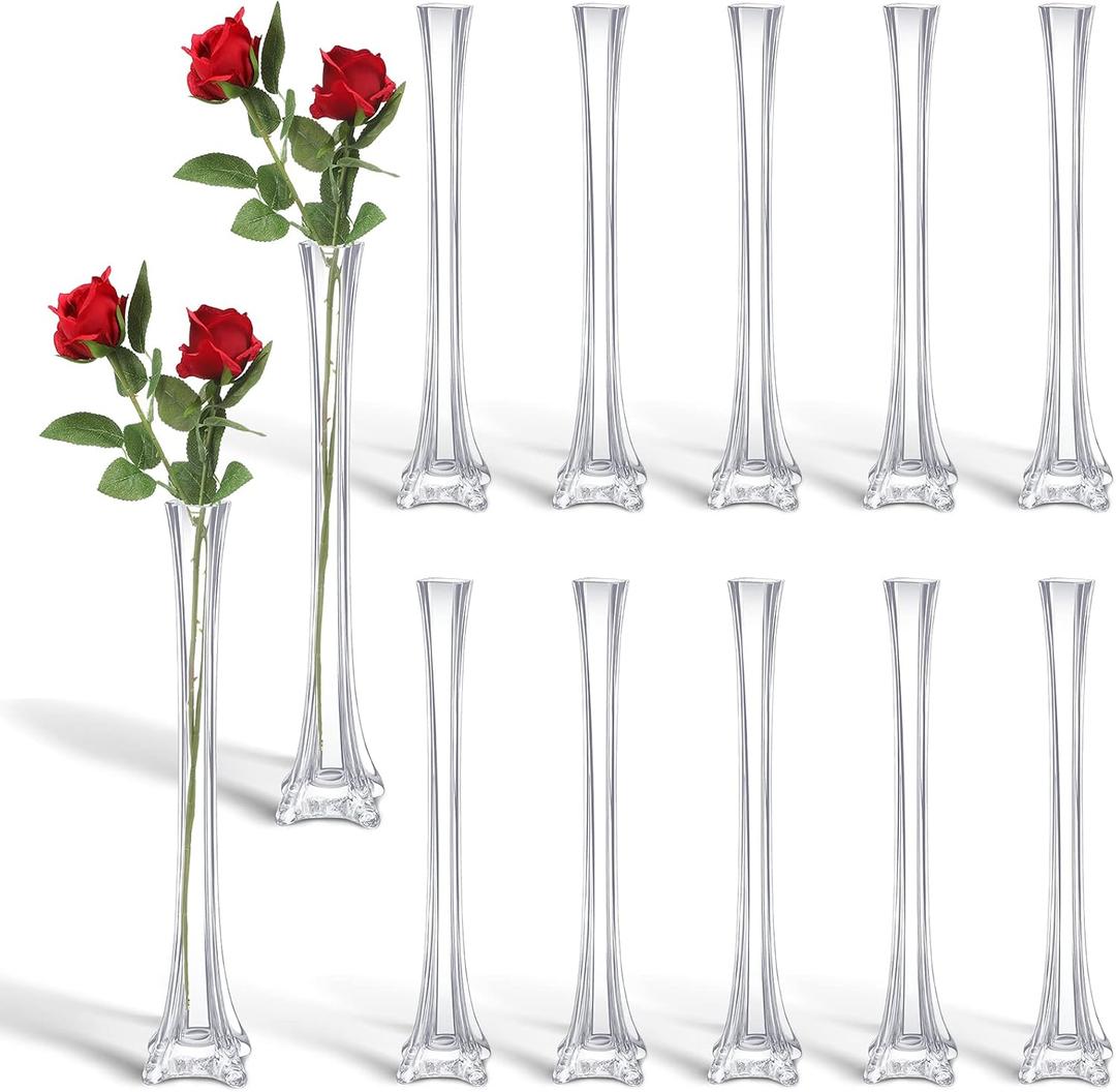 12 Pcs Eiffel Tower Vase Bulk 16 Inch Flute Vases Tall Glass, Clear
Long Skinny Base Glass for Wedding Centerpiece Flowers Table Decorations Formal Dinners Home
