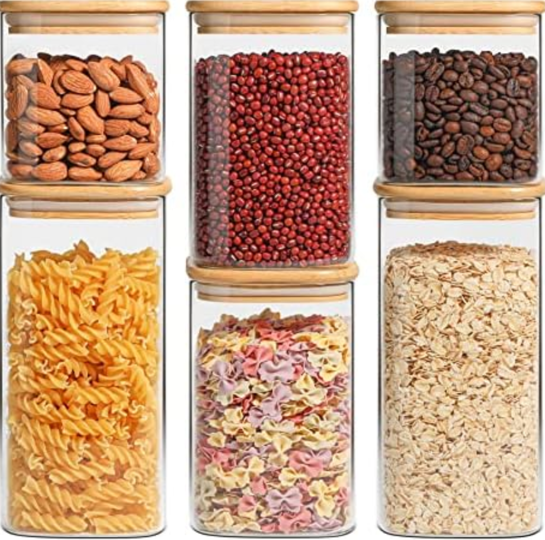 ComSaf Airtight Glass Storage Canister with Lids (33oz) Set of 4, Clear Food Storage Container Kitchen Pantry Storage Jar, Glass Jars for Flour Cereal Sugar Tea Coffee Beans Snacks, Square