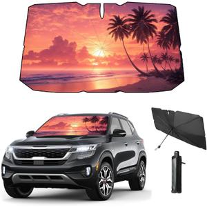 Windshield Sun Shade Beach Sunset Palm Tree Pink Car Shades for Front Windows 100% Blackout Umbrella Sunshades Car Accessories for Women 57"*31" (Sunset)
