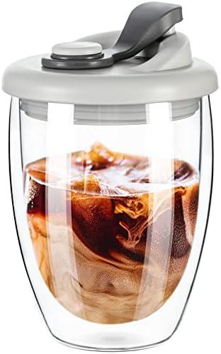 PARACITY Double Wall Glass Coffee Mug, Glass Coffee Cup with Silicone Lid 12 OZ, Insulated Coffee Mug for Milk, High Borosilicate Glass Double Walled Cup for Travel & Home(Grey)