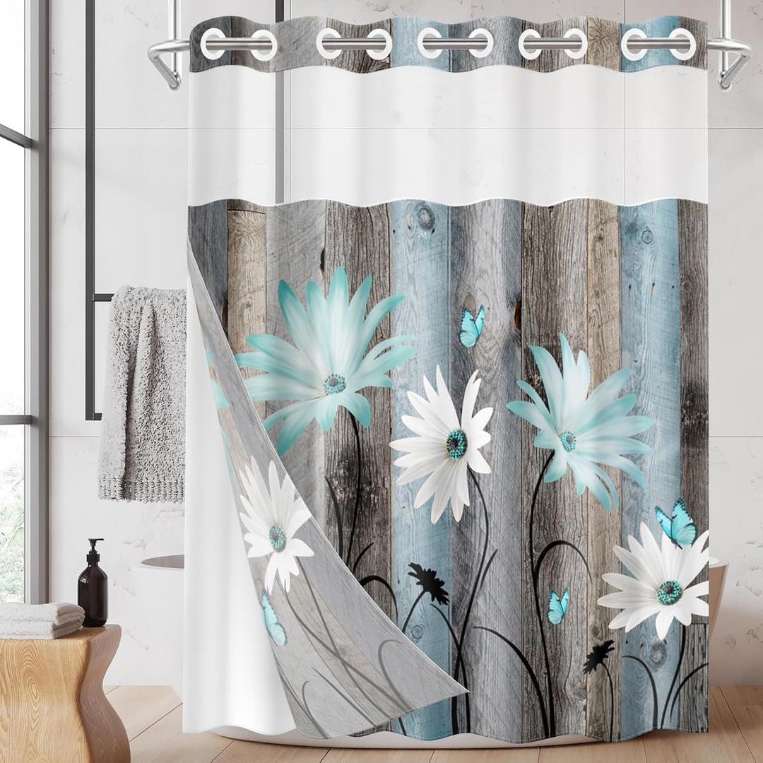 Nesphy No Hook Rustic Farmhouse Shower Curtain with Snap in Fabric Liner Set, Teal Daisy Flowers and Butterfly on Wooden Double Layers Waterproof with See Through Top Bath Curtain 71x74 Inch