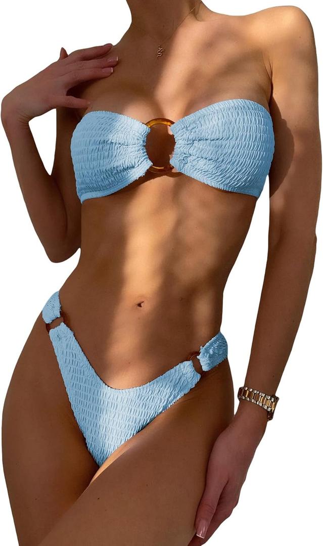 WDIRARA Women's 2 Piece Strapless Smocked Ring Bandeau Bikini Set Swimsuit Bathing Suits (Large, Baby Blue)
