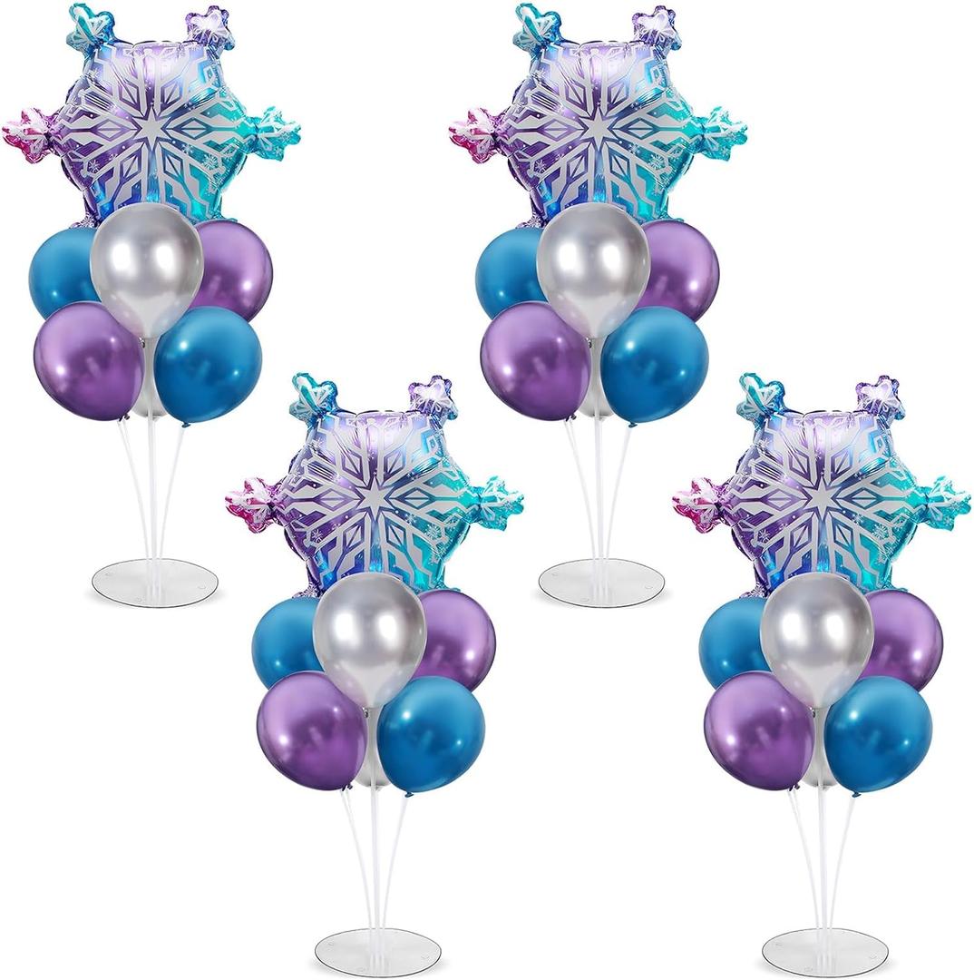 4 Sets Snow Party Balloons Stand Kit with Snowflake Foil Balloons Purple Blue Silver Party Balloon Centerpiece for Tables for Girl Princess Winter Wonderland Themed Birthday Baby Shower Decorations