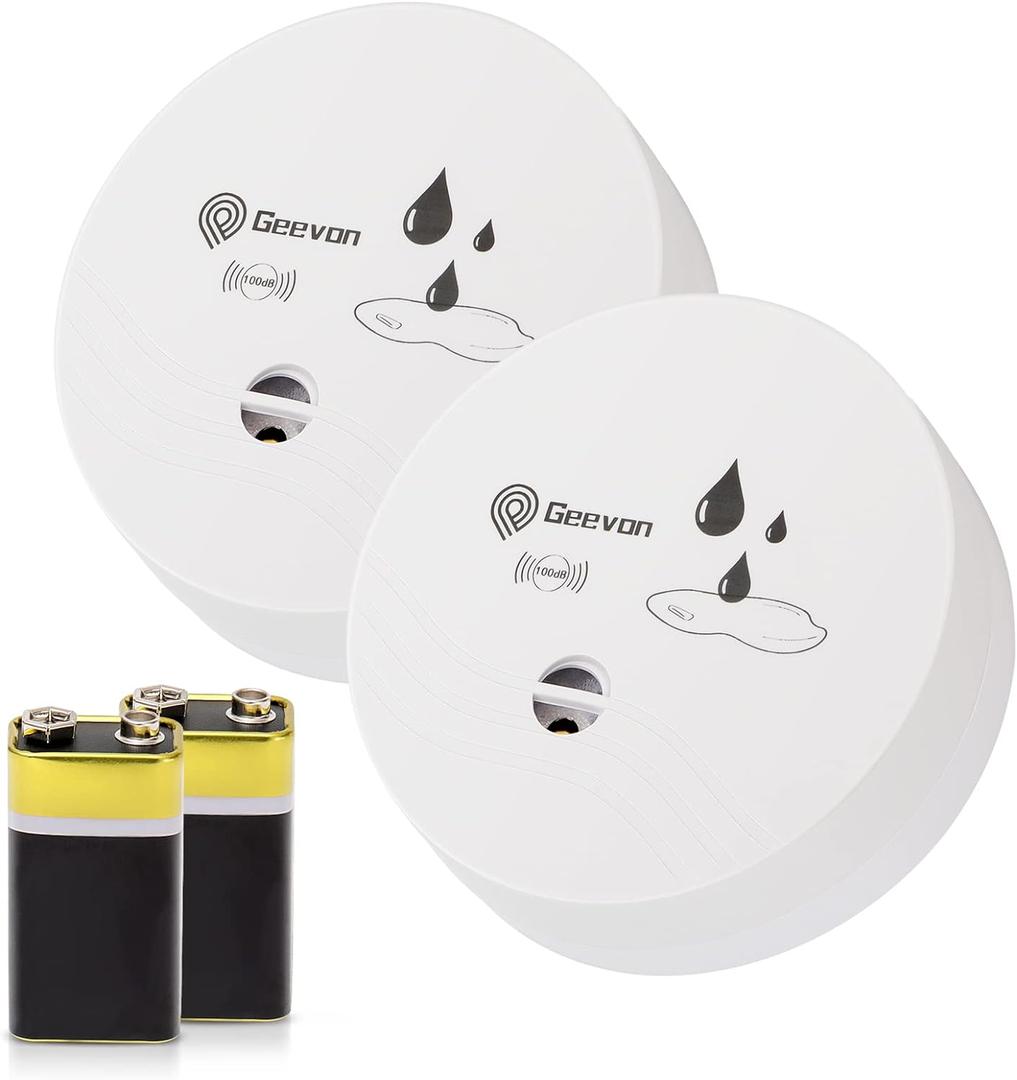 Geevon 2 Pack Water Leak Detectors, 100dB Water Sensor Alarms Flood Detector for Basements, Bathrooms, Laundry Rooms, Kitchens, Garages, and Attics, Water Alarms Battery-Operated (Battery Included)