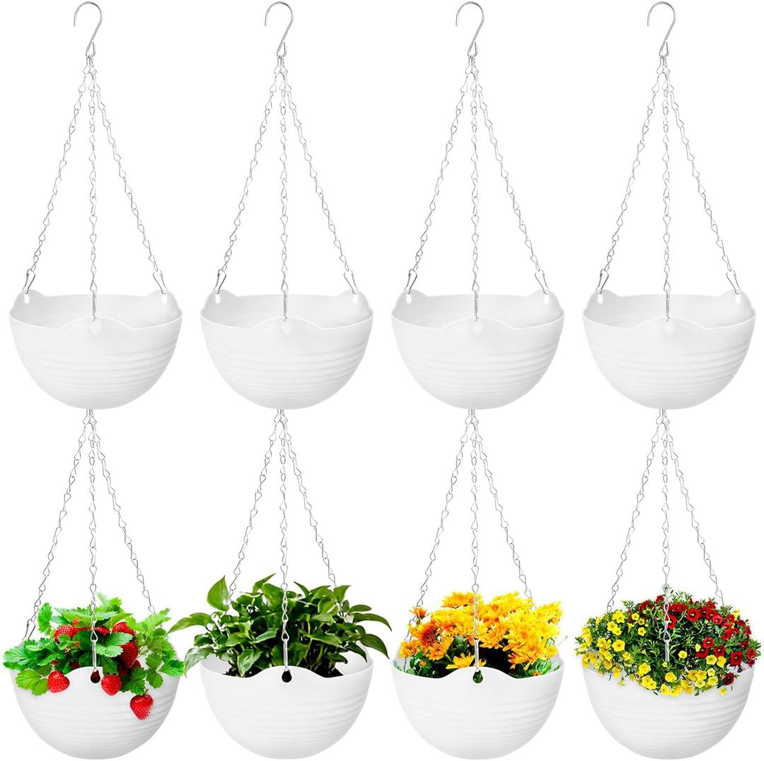 Bvrbaory 8 Pack Hanging Planter Pots,Self-Watering Flower Pot with Water Tray & Metal Chain,White Plastic Hanging Plant Pots for Indoor Outdoor Garden Decor,8 Inch