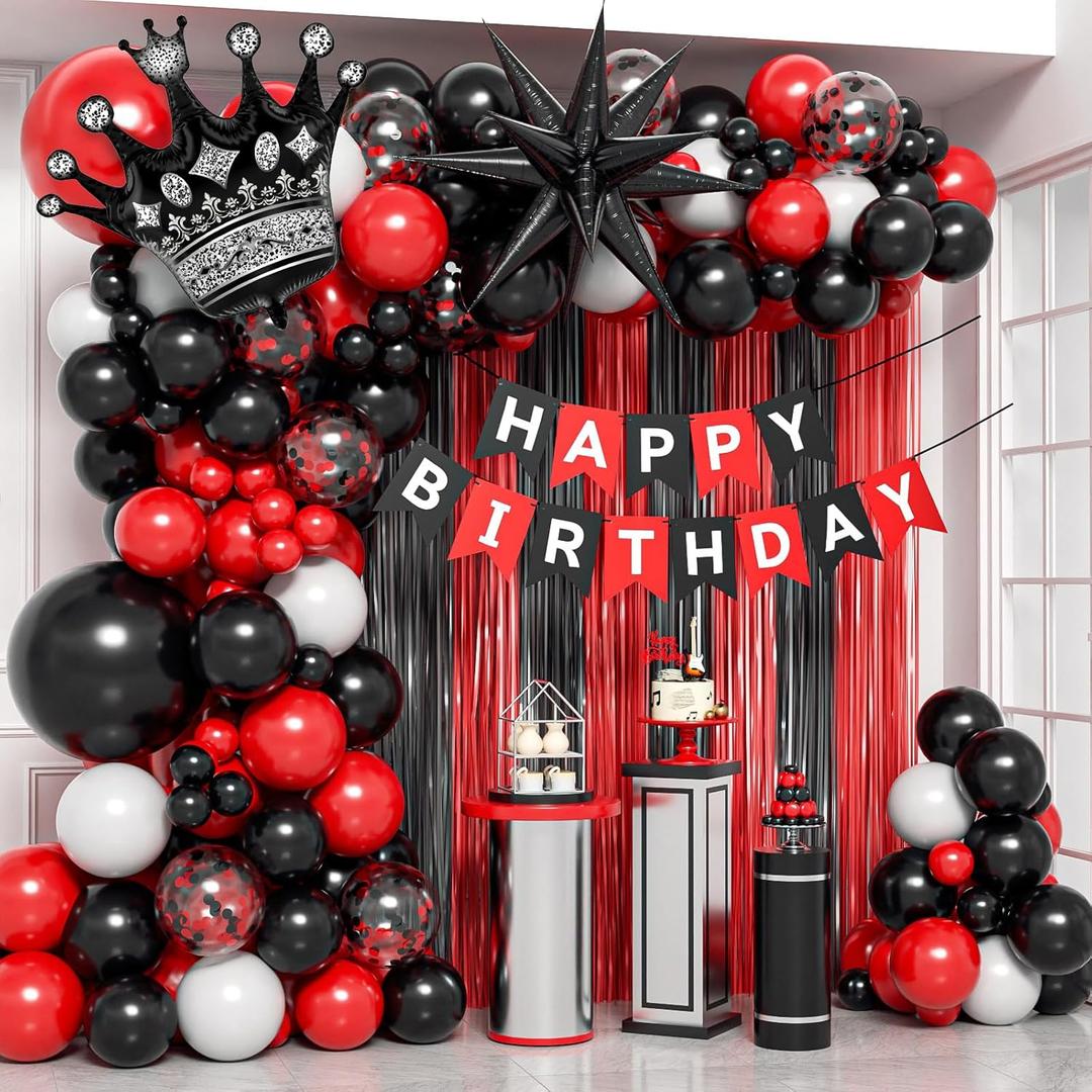 Red and Black Birthday Party Decorations, Red Black White Foil Balloons Banner Fringe Curtains for 16th 18th 21st 24th 32th 40th 50th 60th Birthday Decorations for Men