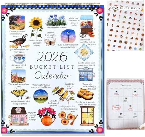 2026 Bucket List Calendar – Inspirational 12-Month Wall Calendar with Illustrated Pages, Gentle Daily Prompts for Mindful Living & Simple Joys, Thoughtful Gift for Friends & Family(B) Pack of 3