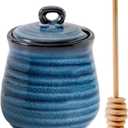 Tikooere Ceramic Honey Pot with Lid and Honey Dipper, 12 oz Honey Jar and Wooden Dipper, Pottery Honey Container for Home, Cute Honey Dish, Dishwasher Safe, Blue