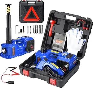 Electric Car Jack kit 5 Ton 12V Electric Floor Jack Lift for Vehicle, Electric Hydraulic Jack Auto Repair Tool Set with Builtin Inflator and Impact Wrench for SUV Sedan Truck Tire Change Blue