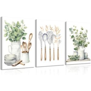 Boho Farmhouse Kitchen Canvas Wall Art Sage Green Plants Painting Pictures Dining Room Wall Decor Eucalyptus Leaves Green Botanical Poster Print Artwork for Farmhouse Kitchen Home Decoration (16x24Inch)