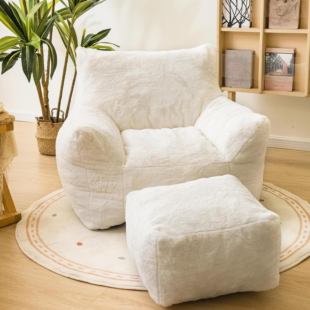 Cvortll Bean Bag Chair with Ottoman, Armrest Bean Bag Chairs with Filler, Ultra Soft Fluffy Faux Fur Bean Bag Chair with Foot Rest, Plush Lazy Sofa with Foot Stool for Living Room, Dorm, 37.4 inches L x 37.4 inches W x 27.16 inches H