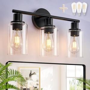 DLLT 3-Light Bathroom Light Fixtures: Black Modern Vanity Lights with 3 E26 Bulbs - Clear Glass Shade Bathroom Wall Lamp for Mirror Kitchen Living Room Hallway Cabinet Porch - Amazon.com