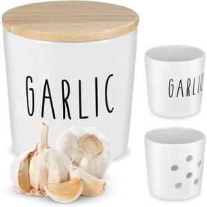Large Garlic Keeper with Wooden Lid - Garlic Holder Storage - Round Ceramic Garlic Container Storage to Keep Your Garlic Cloves Fresh Longer - Classic White Vented Garlic Keeper for Counter
