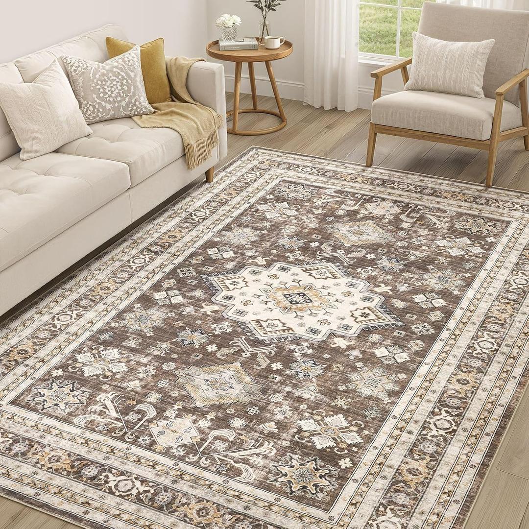 Vintage Living Room Area Rug 7x9 - Large Soft Washable Oriental Traditional Distressed Farmhouse Rugs for Bedroom - Indoor Floor Accent Carpet for Home Office House Decor - Dark Brown
