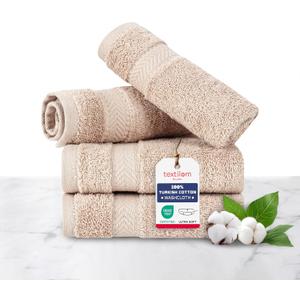 TEXTILOM 100% Turkish Cotton 4 Piece Luxury Washcloth Towel Set for Bathroom & Kitchen, Thick & Super Soft & Highly Absorbent & Quick Dry for Face and Hand- Beige