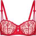 Deyllo Womens Balconette Lace Bra Underwire Unlined Sheer Lace See Through Non Padded (34B, Red)