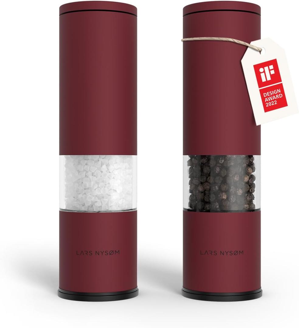 LARS NYSM Salt and Pepper Grinder Set 2 pieces I Salt Pepper Mill with Adjustable Ceramic Grinder I Design Spice Grinder Set Manual (Berry Red and Mustard Yellow)