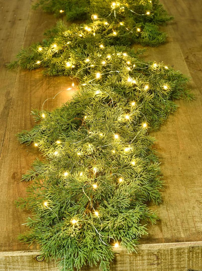 DearHouse 6Ft Artificial Christmas Pine Garland with 50 LED Lights, Winter Greenery Garland Realistic Cypress for Holiday Season Mantel Fireplace Table Runner Centerpiece Decoration