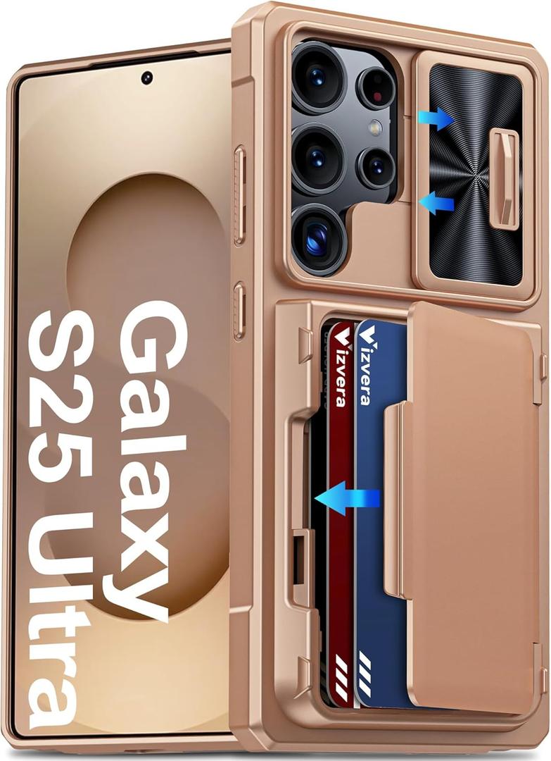Vizvera for Samsung Galaxy S25 Ultra Case Wallet RFID [Cards Holder][Camera Cover][Edge Raised] Full Body Rugged Shockproof Silicone Protective Phone Case for Galaxy S25 Ultra 6.9" (Champagne Gold)