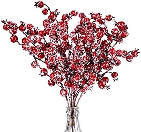 Whaline 11 Pack Christmas Artificial Berry Picks Xmas Winter Frosted Red Berry Stems 11.8inch Fake Snowy Red Berry Branches for Christmas Tree Wreath Garland DIY Crafts Home Wedding Party Decor