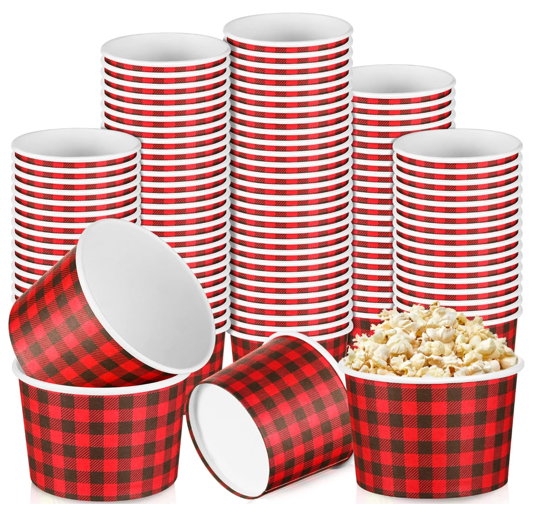 Yungyan 150 Pcs 9 oz Christmas Snack Bowls Cups Disposable Soup Paper Popcorn Bowl Christmas Party Supplies Yogurt Dessert Food Containers Ice Cream for Sundae Hot Cold Food(Plaid)