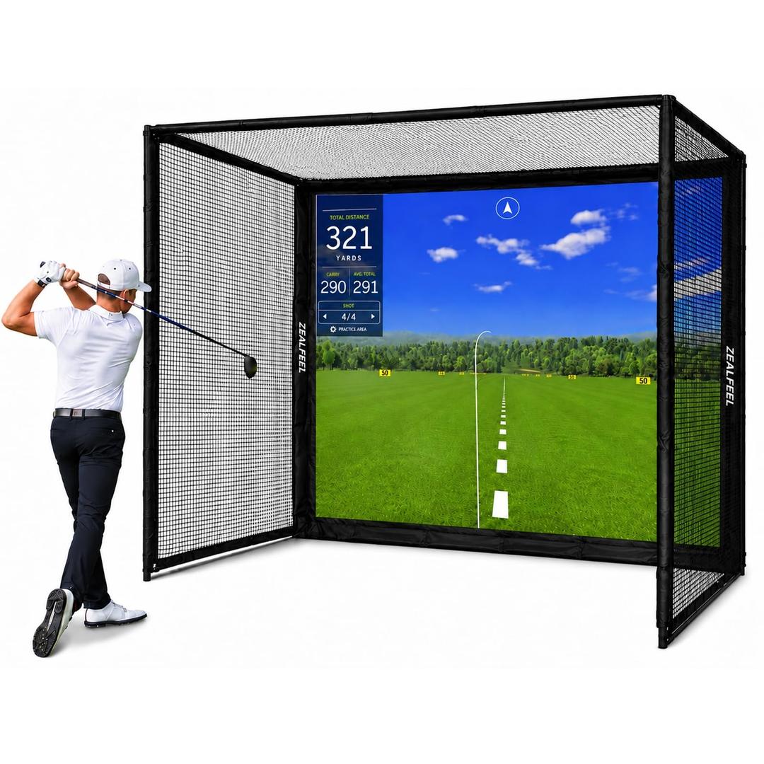 Golf Simulator Enclosure, 10x8FT Golf Hitting Net Cage with HD Impact Screen & Foam Padding, Indoor Golf Practice Net for Home Garage