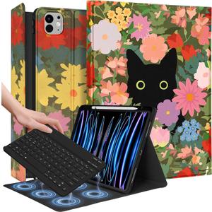 Wazzasoft for iPad Pro 13 inch Case with Keyboard M4 - Pencil Holder Folio Women Girls Cute Kawaii Strawberry Unique Design for Apple Tablet Cover Pro 13 2024, Cat Flower