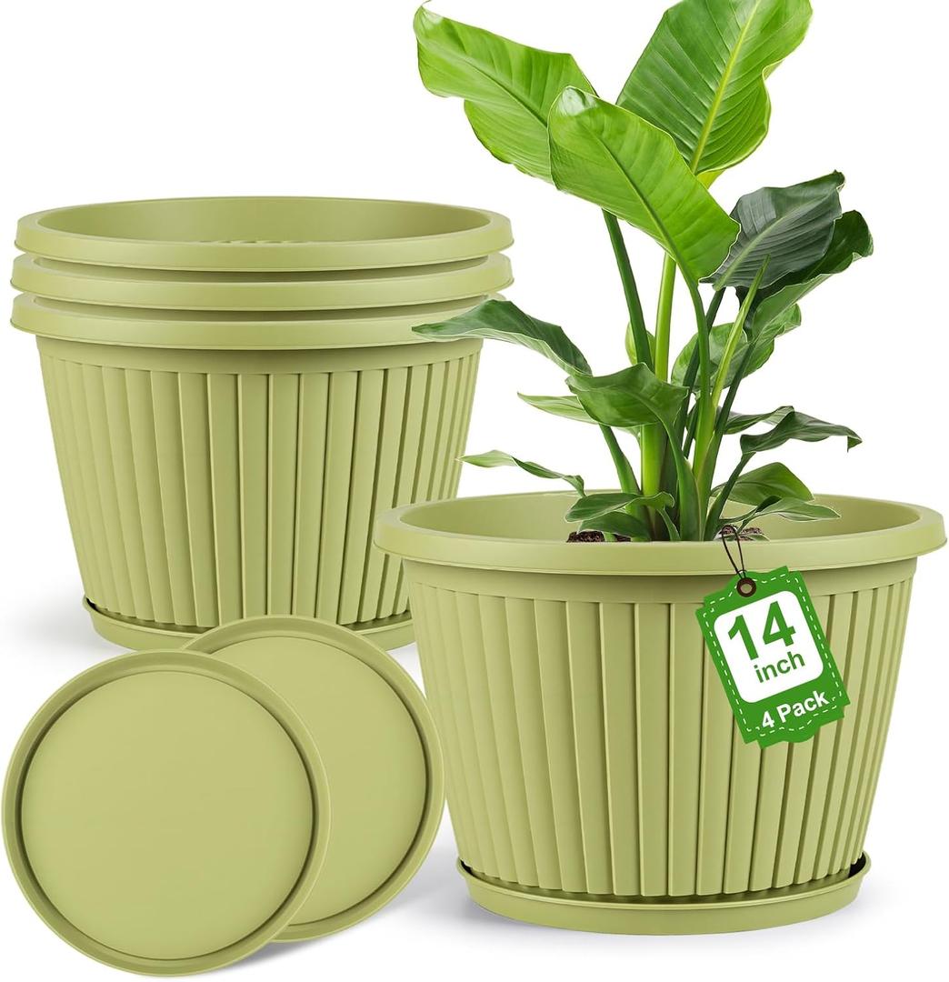 14-inch-Large-Planters-for-Outdoor-PlantPlastic Indoor Flower Pots with Drainage Holes & Saucer4 Packs Decorative Garden Pots for Plantfor Home Porch Decor