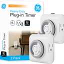 GE Mechanical Grounded Outlet Timer, Dual Plugs with 3 Prongs, 24 Hour Cycle, Indoor Use for Lights, Lamps, Fans, Appliances, Christmas Tree, 2 Pack, 46211