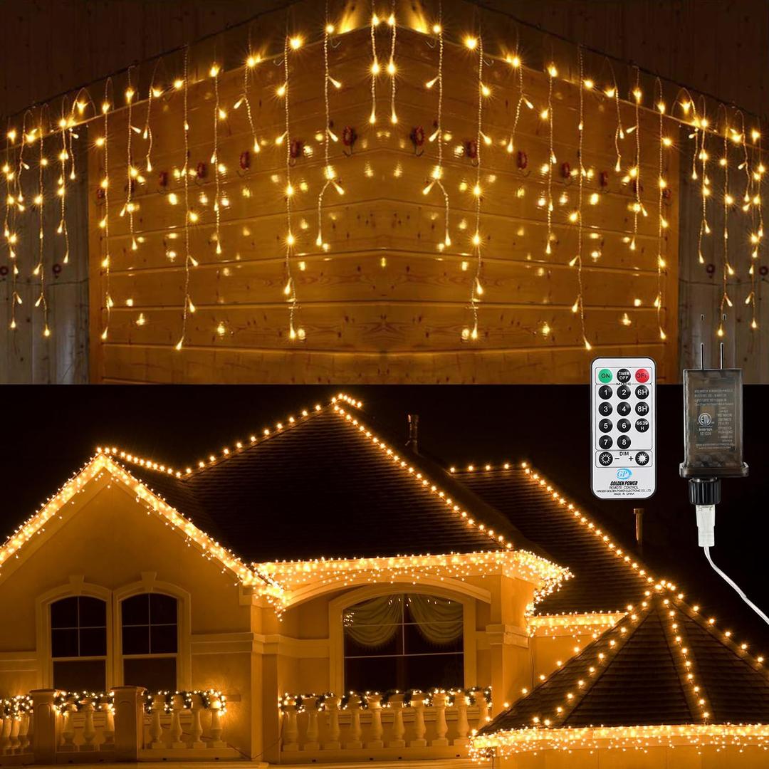 Brizled Icicle Lights Warm White, 29ft 360 LED Christmas Icicle Lights, 8 Modes Christmas Light with 60 Drops, Connectable Xmas Drop Lighting with Remote for Indoor Outdoor Christmas Wedding Holiday