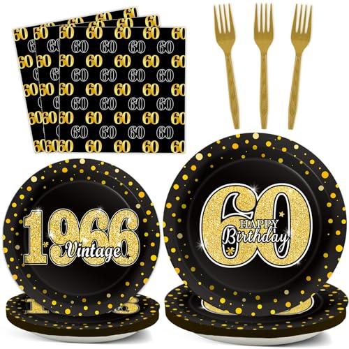 96PCS 60th Theme Birthday Party Tableware Vintage 1966 Party Supplies 60 Year Old Birthday Party Decorations Plates Napkins Forks Black and Gold Dinnerware Favors for Men or Women